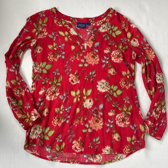Pendleton Red Floral 100% Cotton Roll Tab Sleeve Blouse Top Cottagecore Medium - Picture 1 of 14
